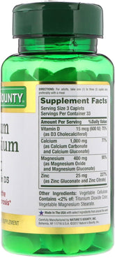 Nature's Bounty - Cápsulas de Calcio, Magnesio y Zinc, Sistema inmune, Salud ósea, bote de 100 unidades.